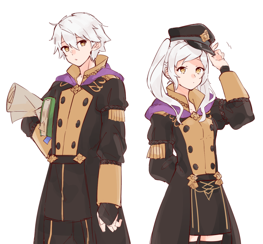 1boy, 1girl, 1other, blush, book, dual_persona, fire_emblem, fire_emblem:_three_houses, fire_emblem_awakening, gloves, hat, hood, intelligent_systems, kona_(rabbitrabbit2037), long_hair, looking_at_viewer, nintendo, reflet, robin_(female)_(fire_emblem), robin_(fire_emblem), robin_(male)_(fire_emblem), school_uniform, short_hair, silver_hair, simple_background, skirt, twintails, uniform, white_hair, yellow_eyes