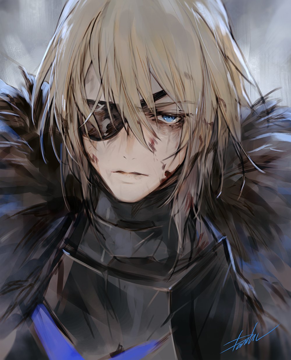 1boy, armor, blonde_hair, blue_eyes, cape, danhu, dimitri_alexandre_bladud, eyepatch