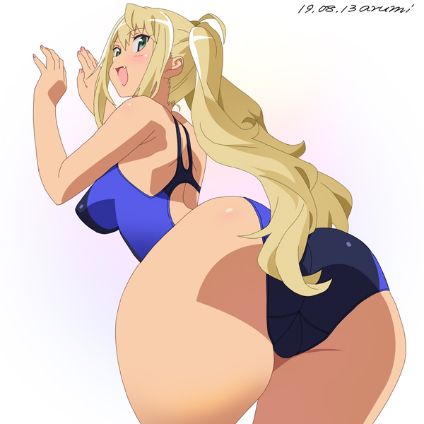 1girl, :d, artist_name, ass, baba_arumi, blonde_hair, blush, breasts