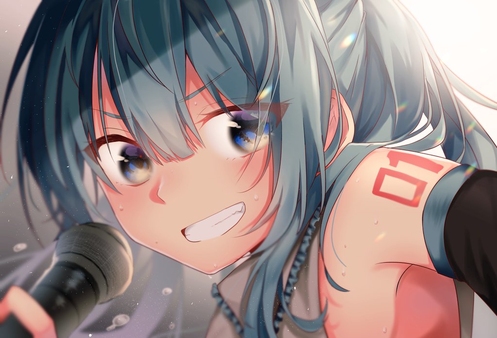 1girl, armpits, bare_shoulders, blue_eyes, blue_hair, blurry, blurry_background, blurry_foreground