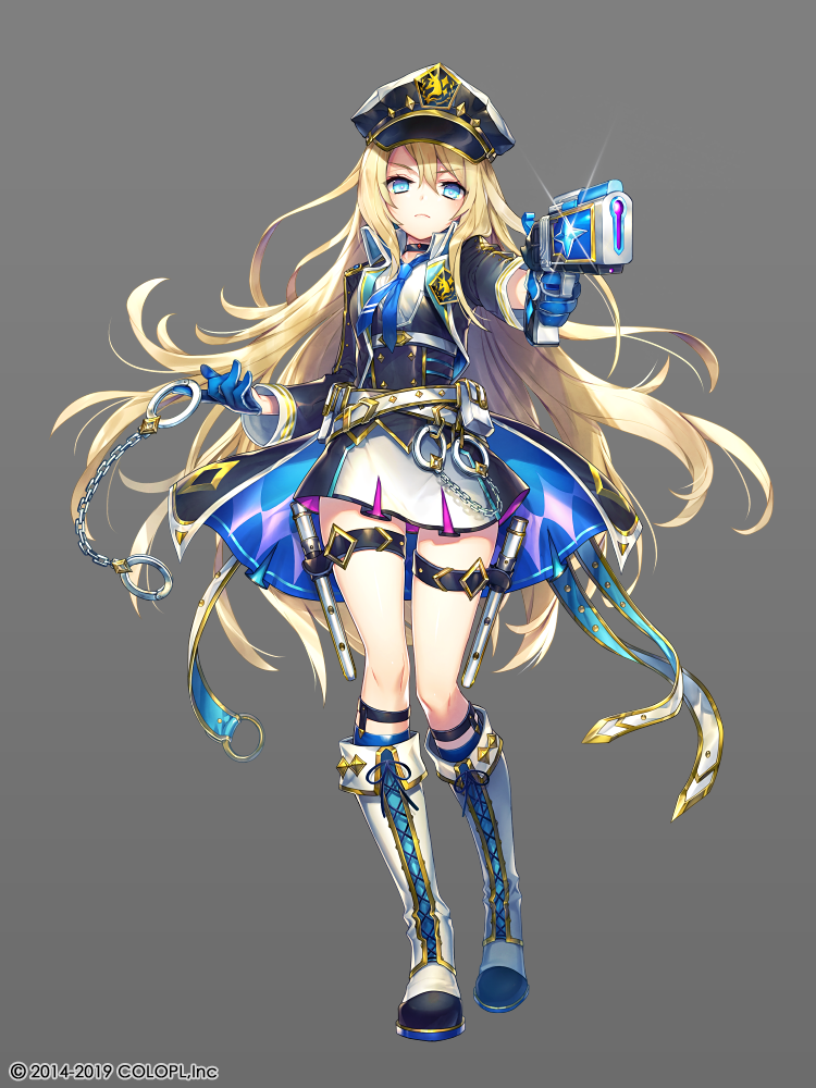 1girl, baton, belt, belt_pouch, black_neckwear, blonde_hair, blue_eyes, blue_gloves, boots, company_name, cuffs, dated, full_body, gloves, grey_background, gun, handcuffs, hat, holding, holding_gun, holding_weapon, knee_boots, long_hair, long_sleeves, looking_at_viewer, official_art, police, police_hat, police_uniform, pouch, renta_(deja-vu), shironeko_project, simple_background, skirt, solo, standing, thigh_strap, uniform, very_long_hair, weapon, white_footwear