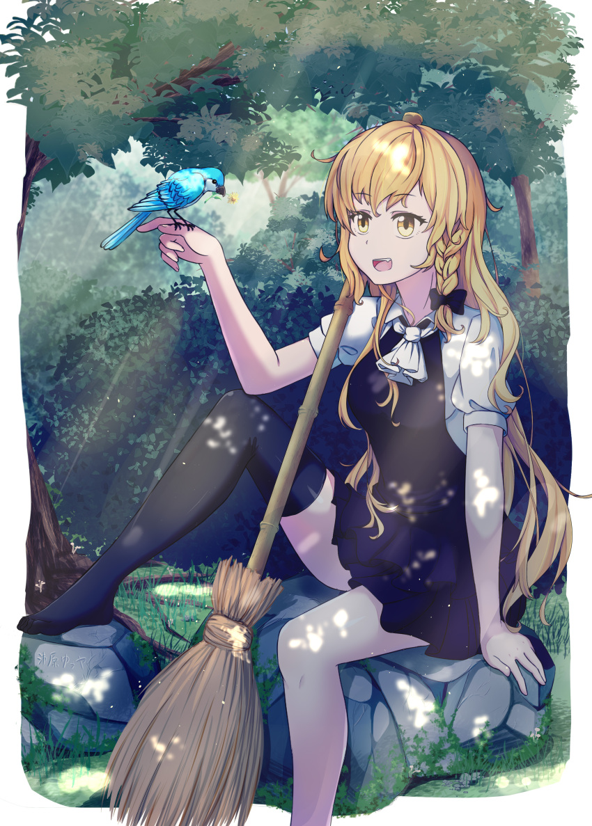 1girl, :d, absurdres, ascot, bangs, bird, black_bow, black_dress