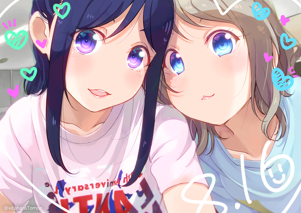 2girls, bangs, birthday, blue_eyes, blue_hair, collarbone, commentary_request, dated, grey_hair, heart, kitahara_tomoe_(kitahara_koubou), long_hair, looking_at_viewer, love_live!, love_live!_sunshine!!, matsuura_kanan, multiple_girls, saitou_shuka, seiyuu_connection, shirt, short_hair, short_sleeves, sidelocks, t-shirt, twitter_username, violet_eyes, watanabe_you