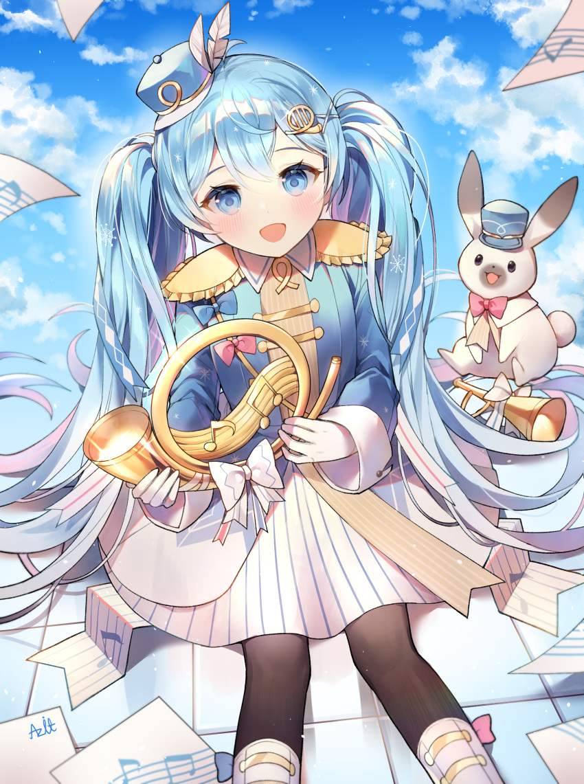1girl, :d, absurdres, animal, azit_(down), band_uniform, bangs, black_legwear