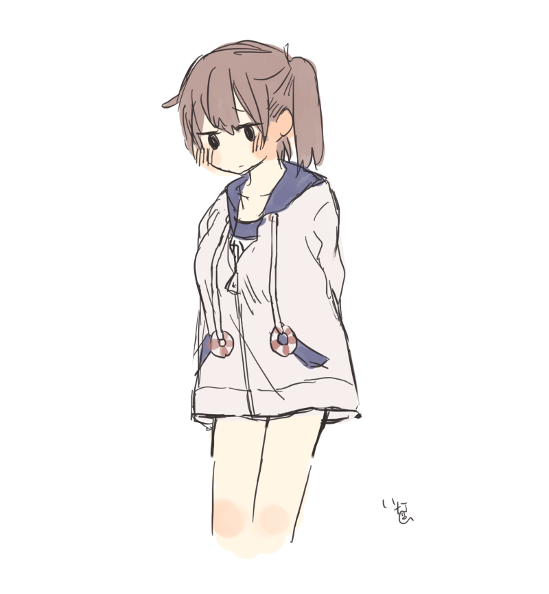 1girl, alternate_costume, arms_behind_back, blush, brown_hair, cosplay, ina_(1813576), jacket, kaga_(kantai_collection), kantai_collection, ponytail, side_ponytail, simple_background, solo, standing, swimsuit, white_background, white_jacket, yukikaze_(kantai_collection)