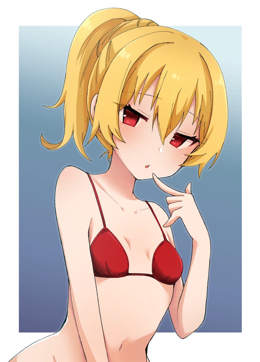 1girl, arifureta_shokugyou_de_sekai_saikyou, bangs, bare_arms, bare_shoulders, bikini, blonde_hair, blue_background