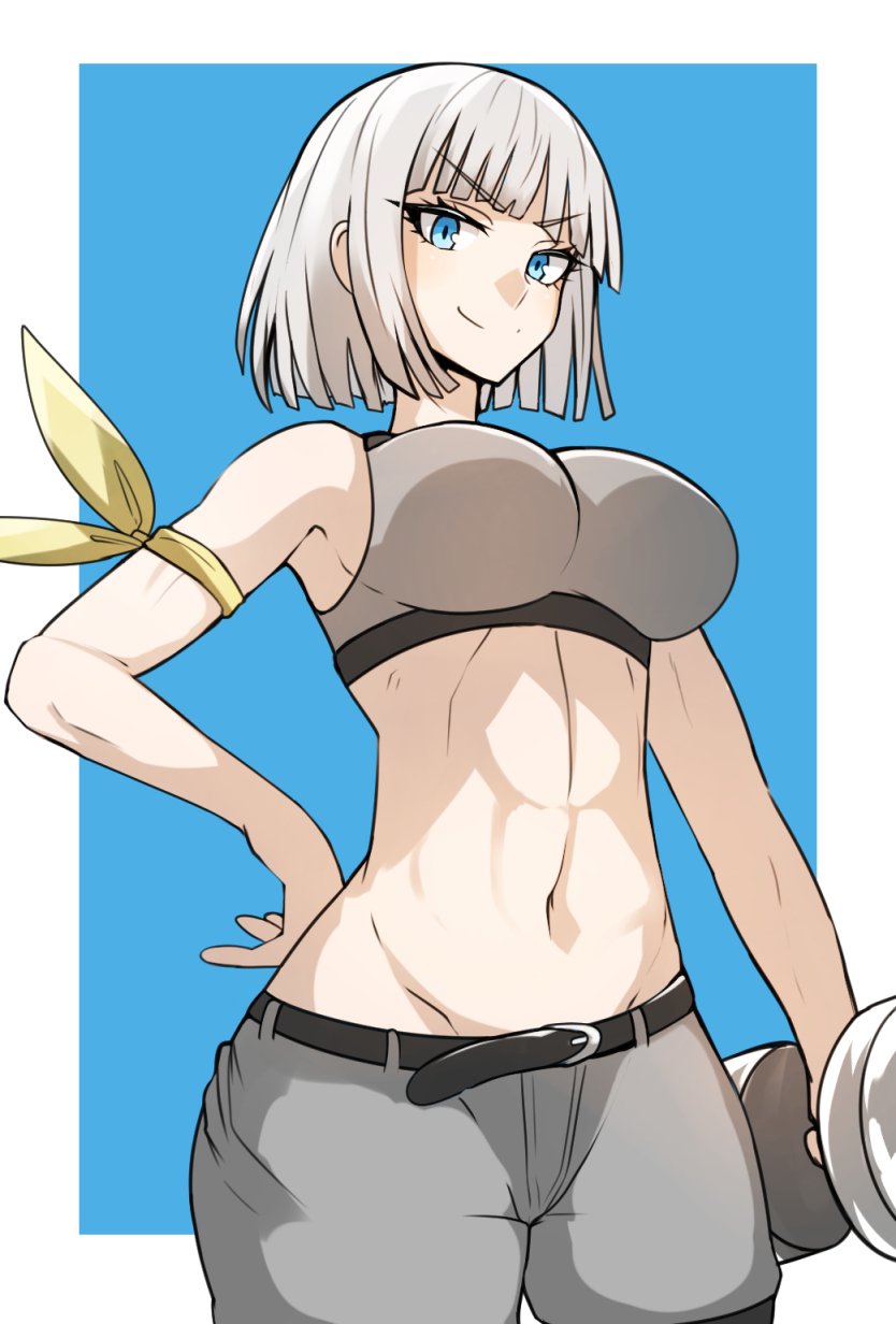 1girl, abs, armband, bangs, belt, blue_background, blue_eyes, breasts