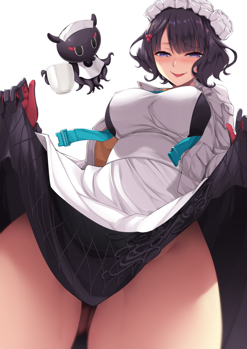 1girl, absurdres, alternate_costume, apron, ass_visible_through_thighs, bangs, black_dress, blush