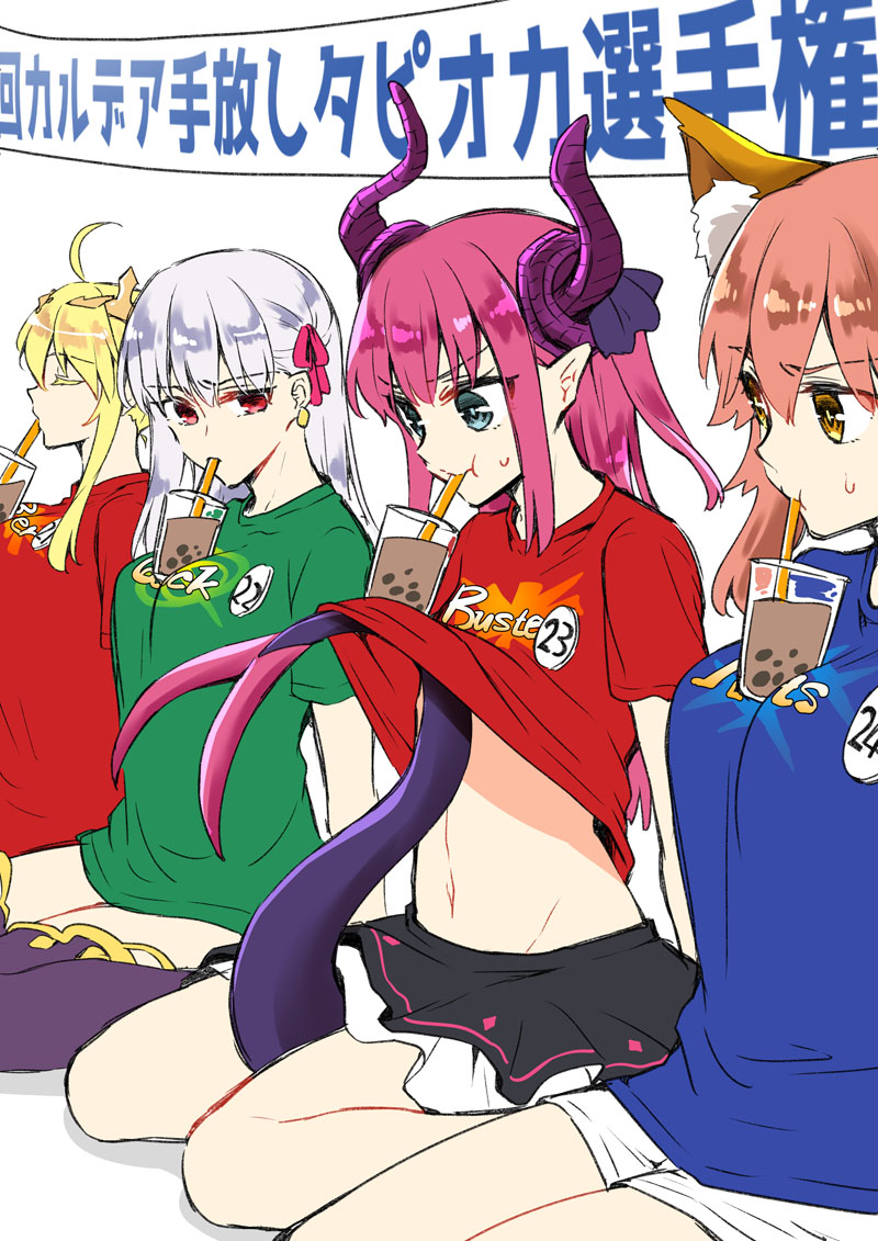 4girls, ahoge, animal_ear_fluff, animal_ears, artoria_pendragon_(all), artoria_pendragon_(lancer), arts_shirt, asazuki_norito
