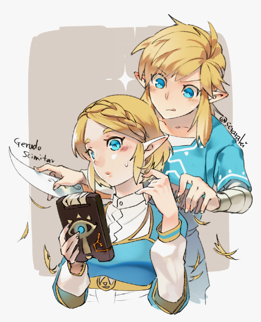 1boy, 1girl, :q, ahoge, bandaged_arm, bandages, bangs, blue_eyes
