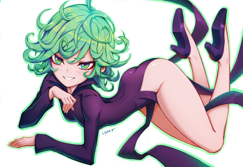 1girl, artist_name, ass, aura, bangs, bare_legs, black_dress, black_footwear