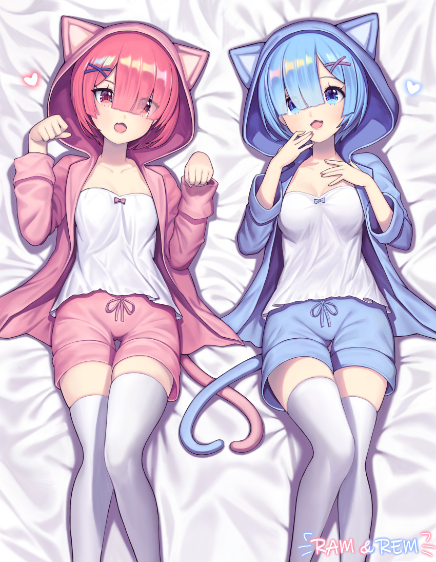2girls, absurdres, blue_eyes, blue_hair, blue_jacket, blue_nails, blue_shorts, breasts, cat_tail, character_name, collarbone, commentary_request, eyes_visible_through_hair, fang, hair_ornament, hair_over_one_eye, hawah127, heart, highres, hood, hooded_jacket, jacket, long_sleeves, looking_at_viewer, lying, medium_breasts, multiple_girls, on_back, open_clothes, open_jacket, open_mouth, paw_pose, pink_jacket, pink_shorts, ram_(re:zero), re:zero_kara_hajimeru_isekai_seikatsu, rem_(re:zero), shirt, short_hair, shorts, siblings, sisters, smile, tail, thigh-highs, twins, white_legwear, white_shirt, x_hair_ornament