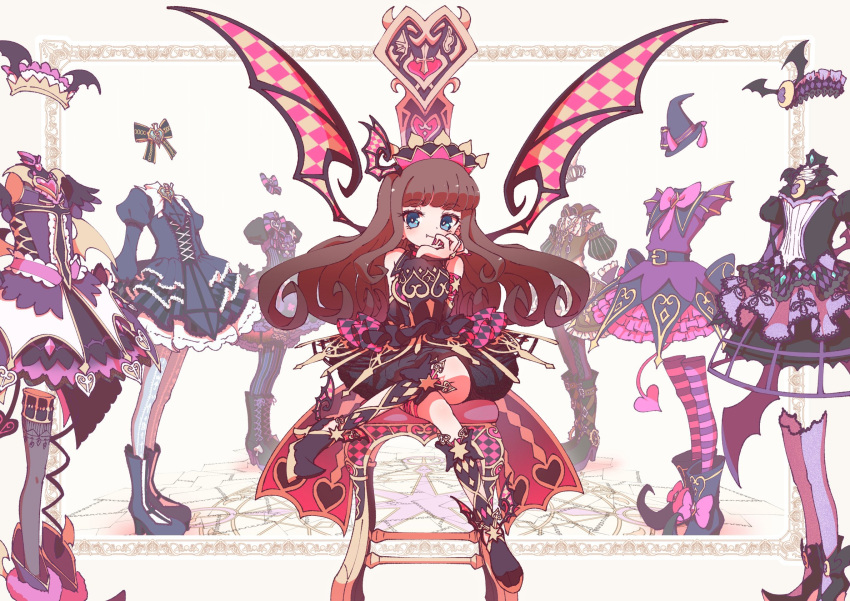 1girl, bangs, black_shorts, blue_eyes, brown_hair, closed_mouth, commentary, demon_wings