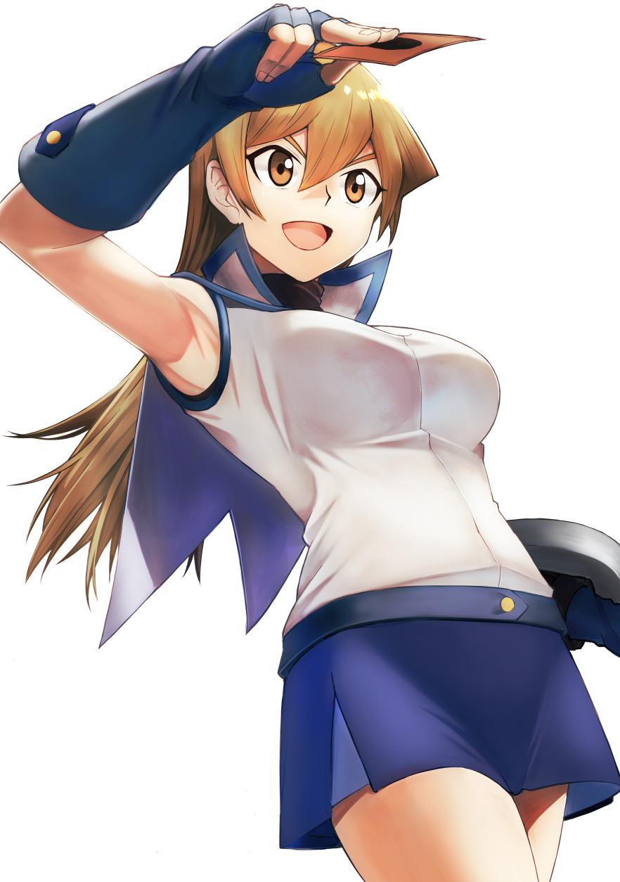 1girl, :d, arm_up, armpits, blue_gloves, blue_skirt, breasts, brown_eyes, brown_hair, card, cowboy_shot, fingerless_gloves, gloves, highres, holding, holding_card, long_hair, medium_breasts, open_mouth, rourou_ill, simple_background, skirt, sleeveless, smile, solo, tenjouin_asuka, white_background, yuu-gi-ou, yuu-gi-ou_gx