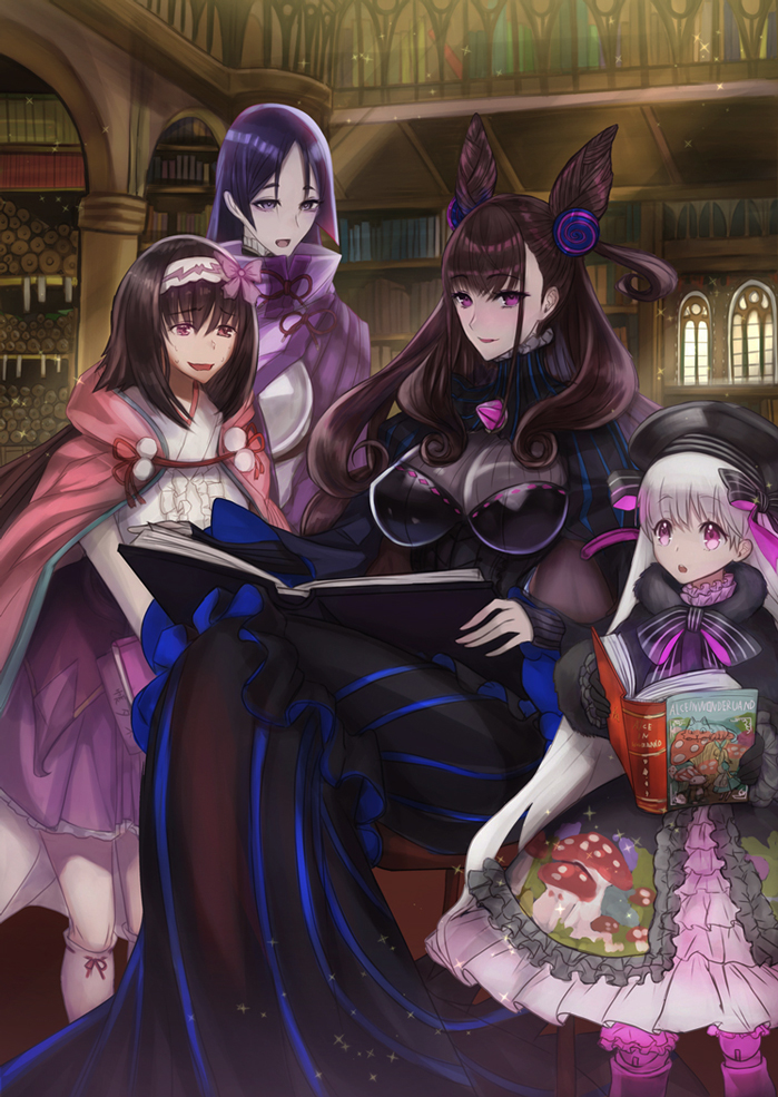 4girls, asagik23, bangs, bat, beret, black_bow, black_dress, black_hair