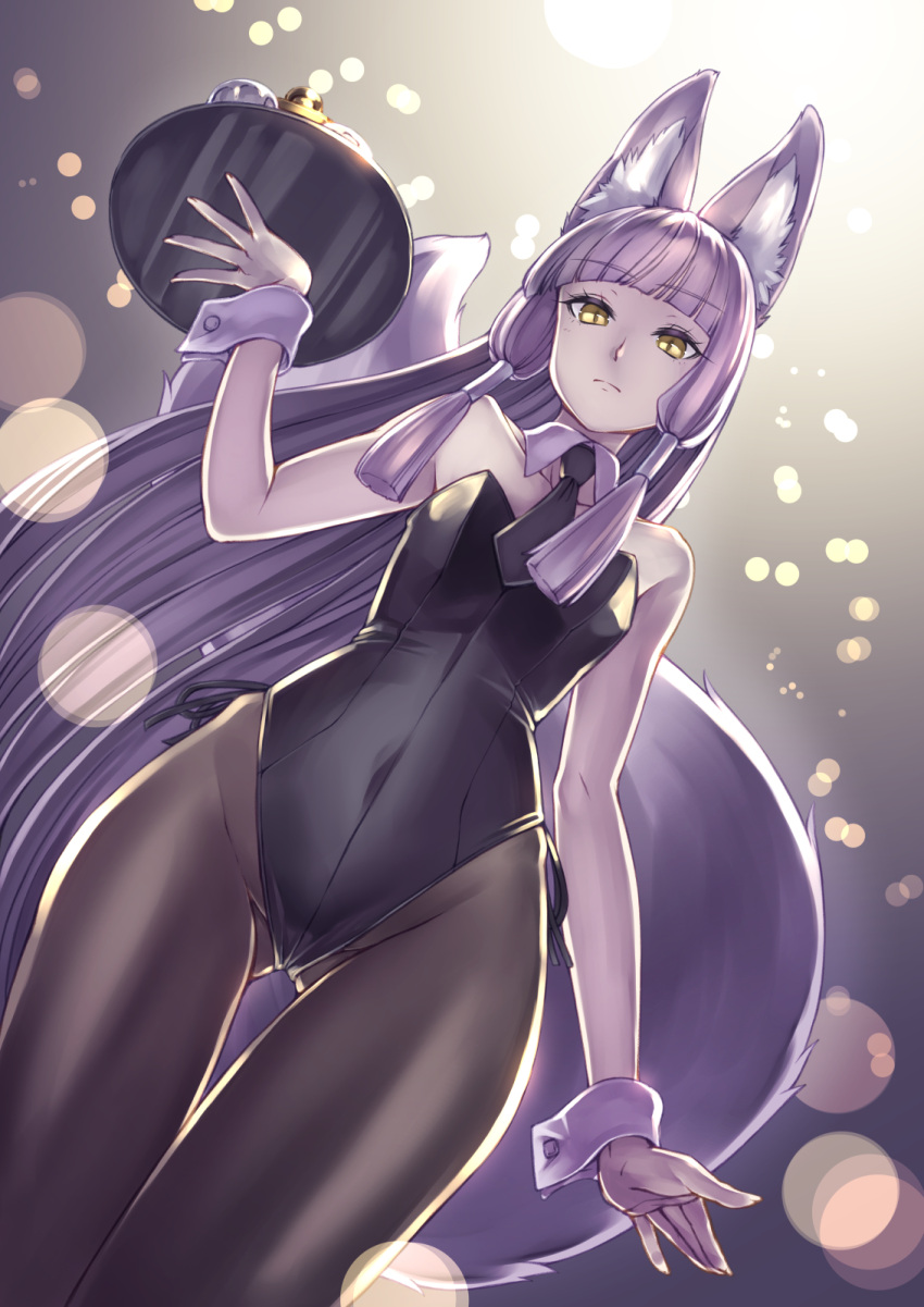 1girl, animal_ear_fluff, animal_ears, ass_visible_through_thighs, bangs, bare_shoulders, black_legwear, black_leotard