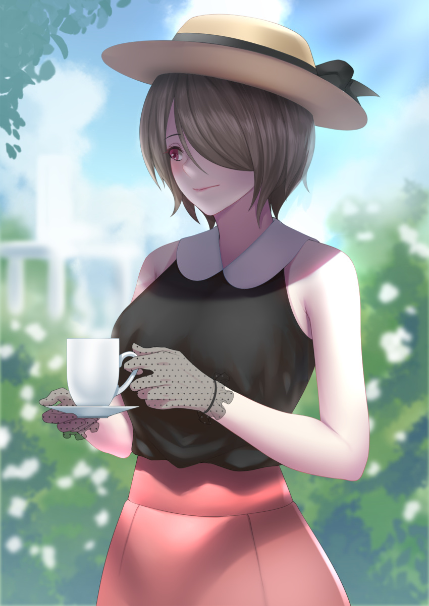 1girl, bare_shoulders, black_bow, black_shirt, blush, bow, cup, day