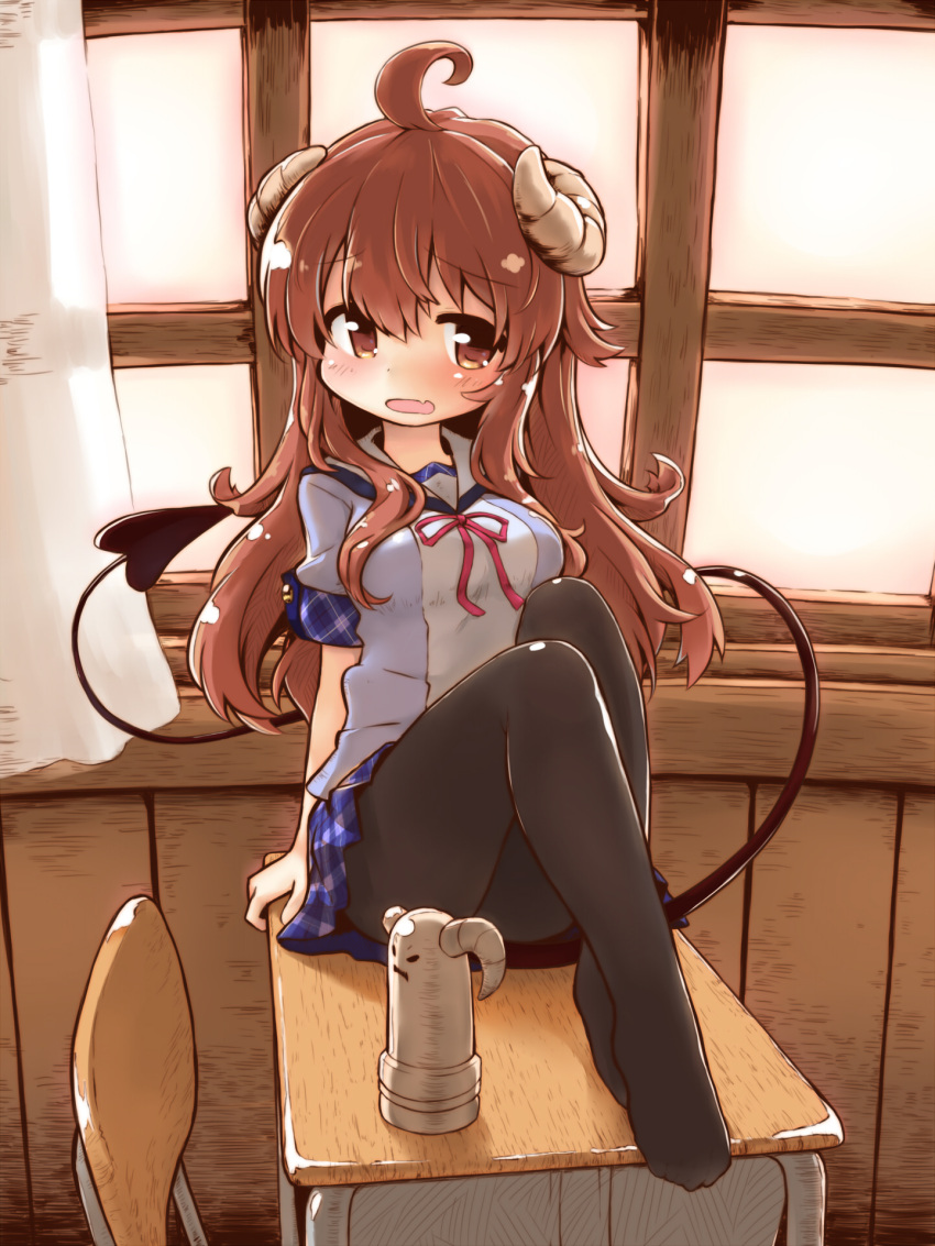 1girl, ahoge, barefoot, black_legwear, blush, breasts, brown_eyes, brown_hair