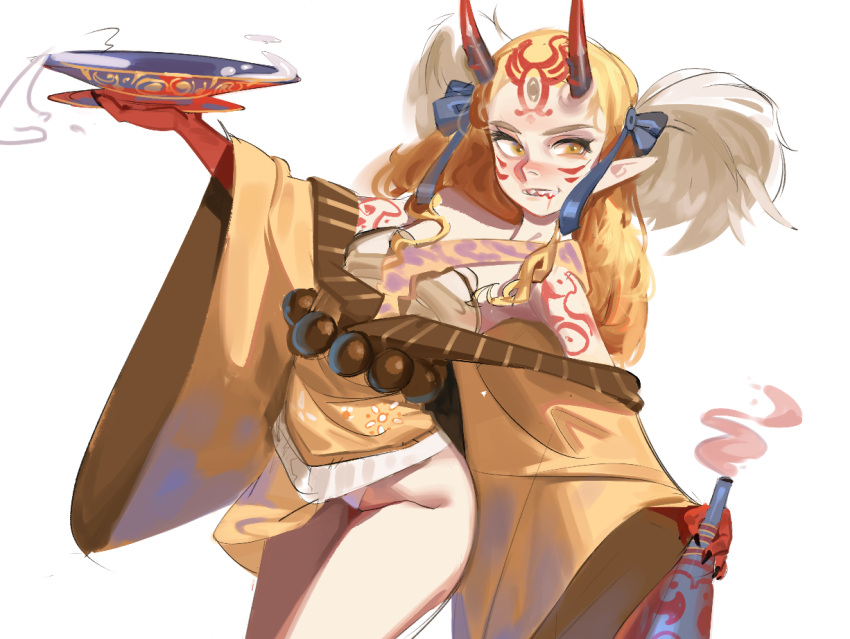 1girl, arm_tattoo, blonde_hair, bloop, blush, bottle, cup, drunk