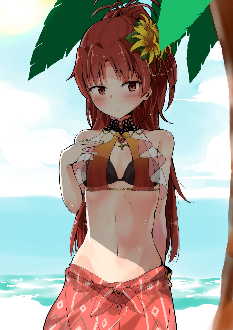 1girl, bangs, bare_shoulders, bikini, blue_sky, flower, hair_flower, hair_ornament
