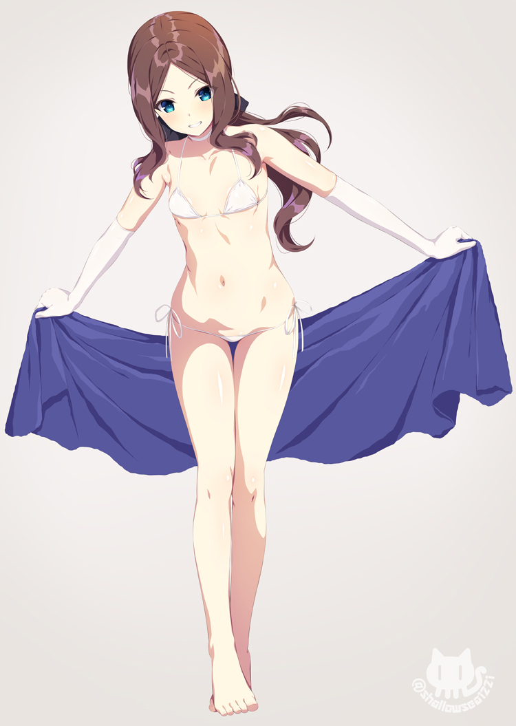 1girl, asami_asami, bangs, bare_legs, bare_shoulders, barefoot, bikini, blue_eyes