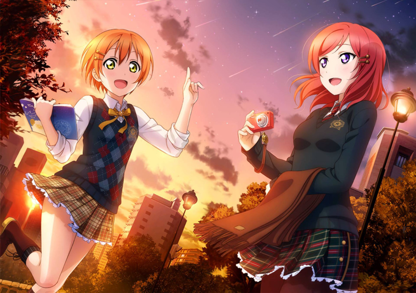 2girls, :d, argyle_sweater_vest, black_sweater, blush, book, boots, bow