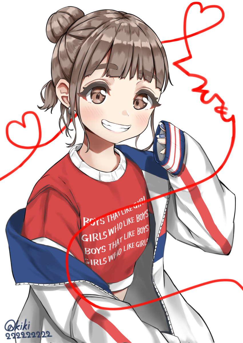 1girl, absurdres, akiki222222222, bangs, birthday, blush, breasts, brown_eyes, brown_hair, commentary_request, earrings, english_text, eyebrows_visible_through_hair, grin, hair_bun, highres, jacket, jewelry, looking_at_viewer, open_clothes, open_jacket, real_life, red_shirt, saitou_shuka, seiyuu, shiny, shiny_hair, shirt, short_hair, sidelocks, small_breasts, smile, solo, twitter_username, upper_body, white_jacket