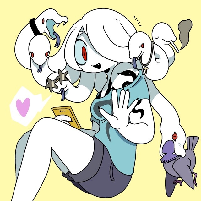 1girl, bird, cellphone, closed_eyes, cross, fang, feet_out_of_frame, gorgon