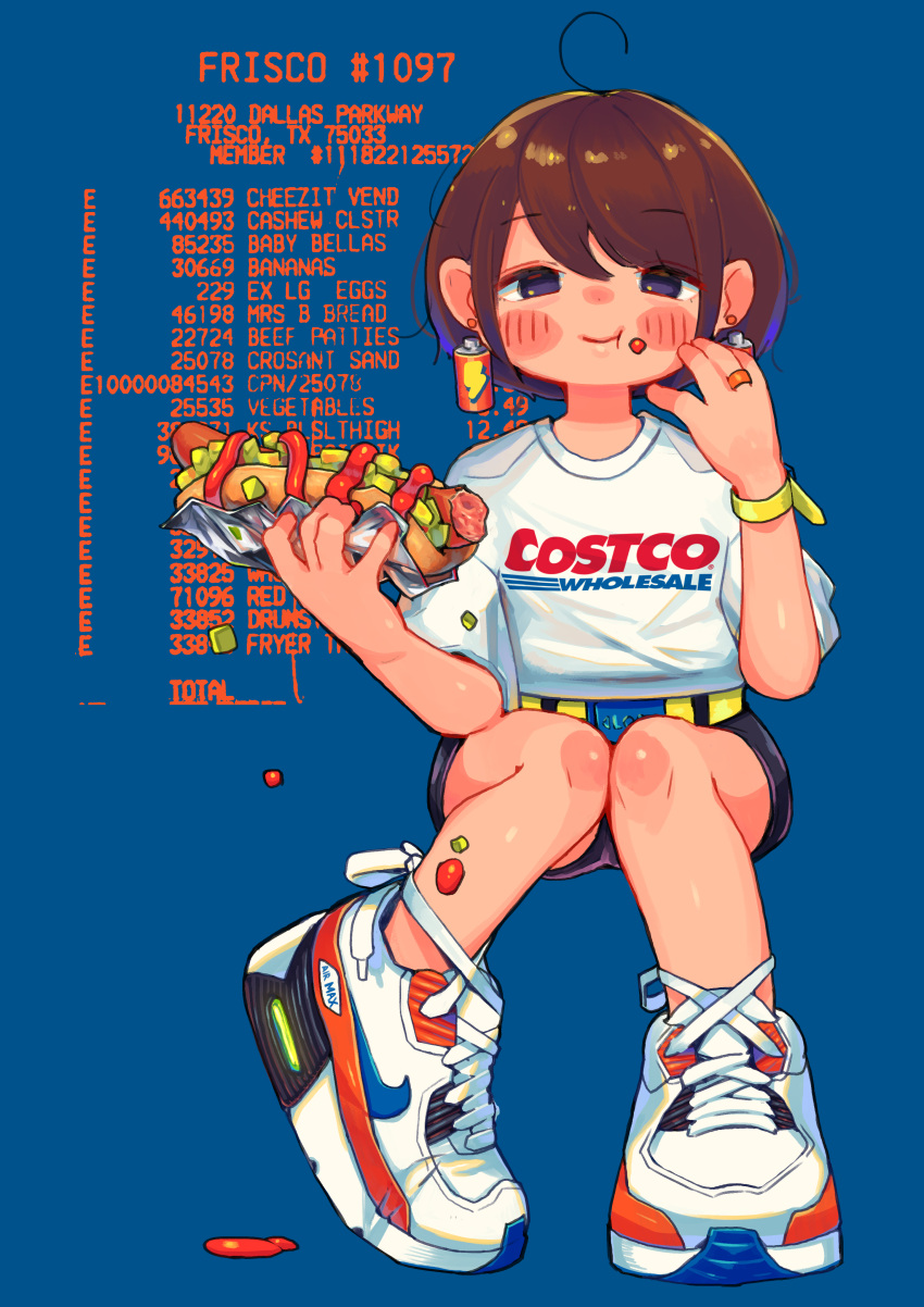 1girl, absurdres, bangs, battery, blue_background, blue_eyes, blush, brown_hair