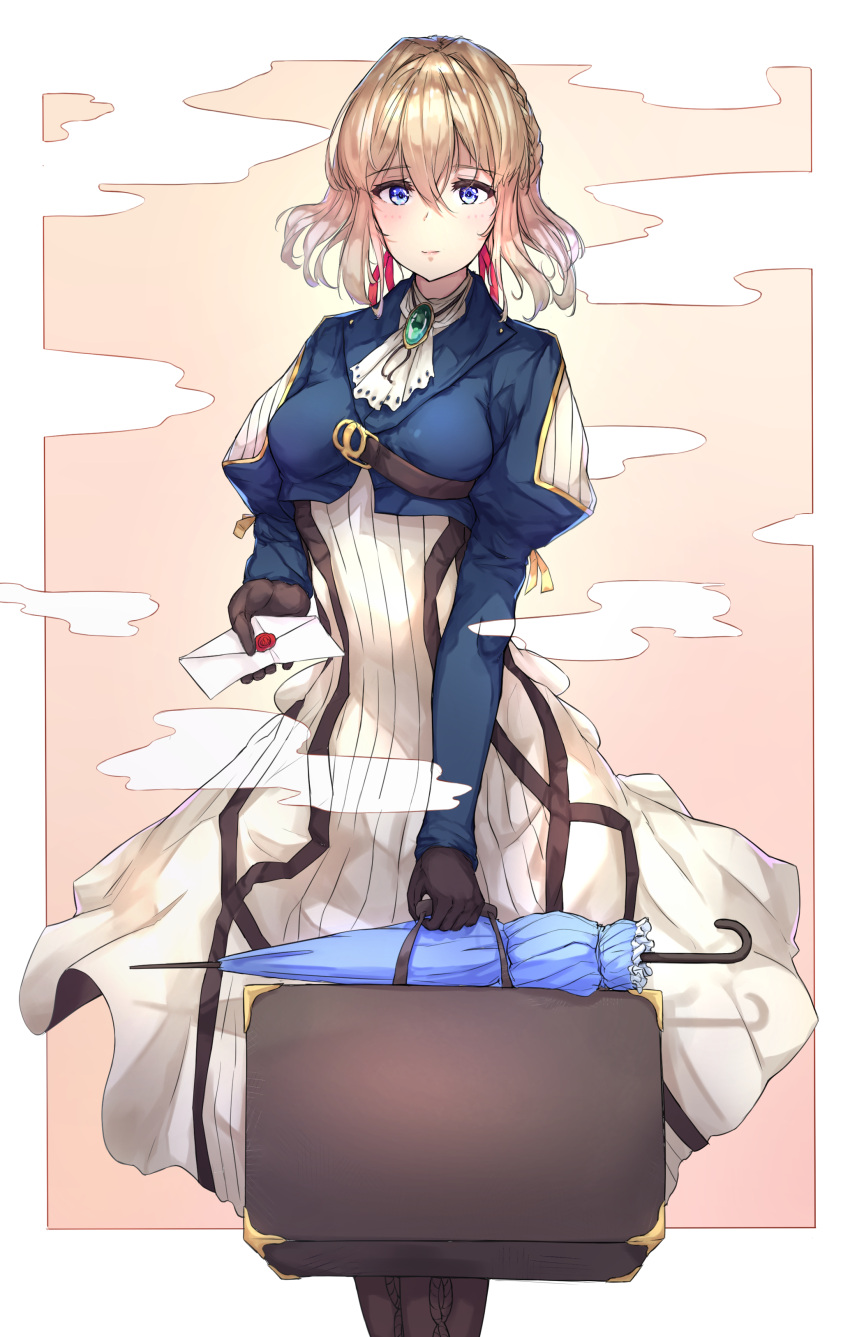 1girl, absurdres, bangs, blonde_hair, blue_eyes, blue_jacket, blue_umbrella, boots