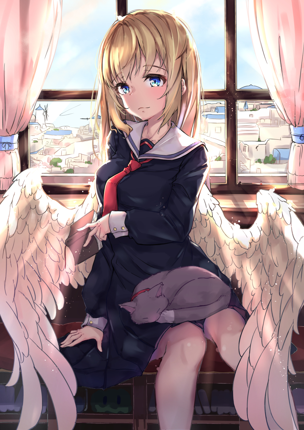 1girl, angel, angel_wings, animal, animal_on_lap, black_skirt, blonde_hair, blue_eyes