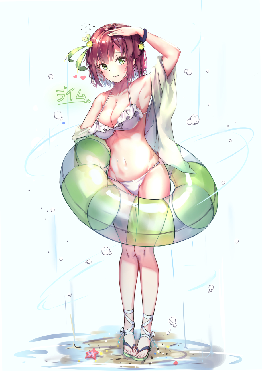 1girl, beach, bikini, blush, bracelet, breasts, brown_hair, error, full_body, green_eyes, highres, innertube, jewelry, kuwa_aak, lime_hair_ornament, looking_at_viewer, medium_breasts, original, sandals, short_hair, simple_background, smile, standing, starfish, swimsuit, wet, white_bikini