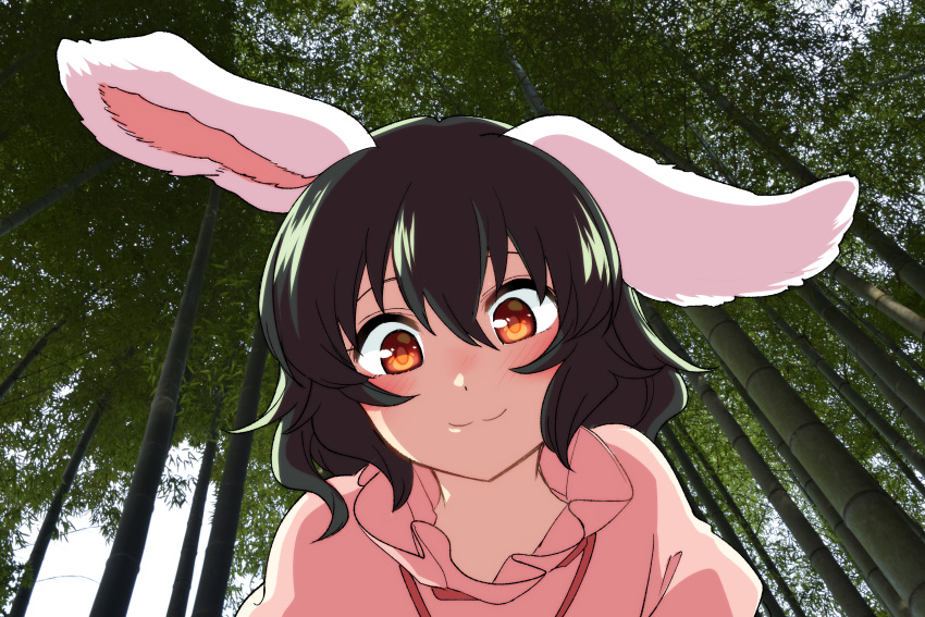 1girl, :3, animal_ears, bamboo, bamboo_forest, bangs, black_hair, blush, commentary_request, dress, forest, from_below, hair_between_eyes, highres, inaba_tewi, looking_at_viewer, mana_(tsurubeji), nature, outdoors, photo_background, pink_dress, portrait, puffy_short_sleeves, puffy_sleeves, rabbit_ears, red_eyes, short_hair, short_sleeves, smile, solo, touhou