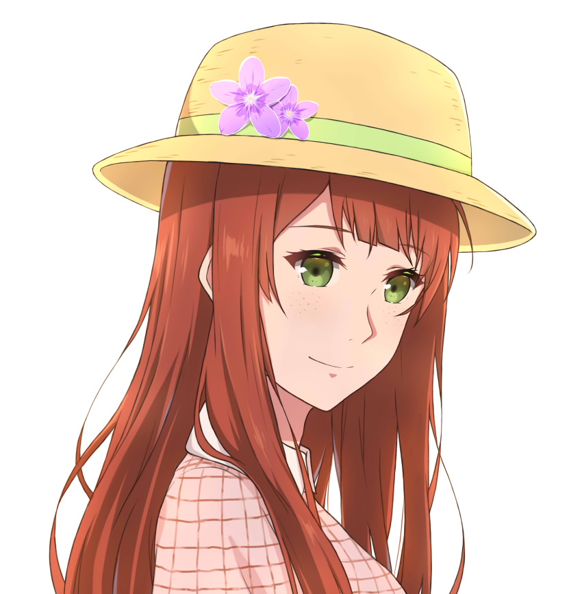 1girl, absurdres, flower, freckles, green_eyes, hat, hat_flower, highres