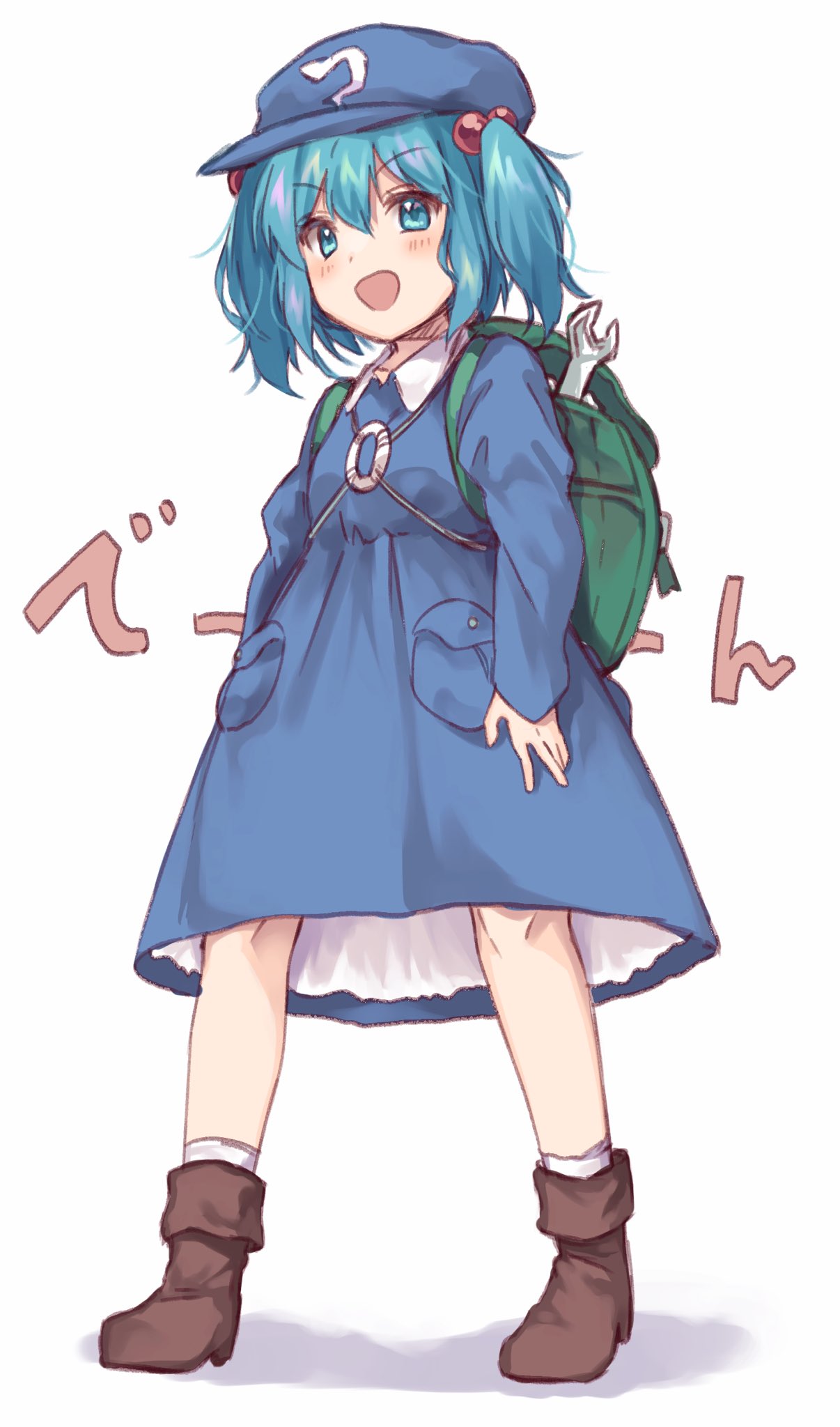 1girl, :d, arms_at_sides, backpack, bag, bangs, blue_dress, blue_eyes