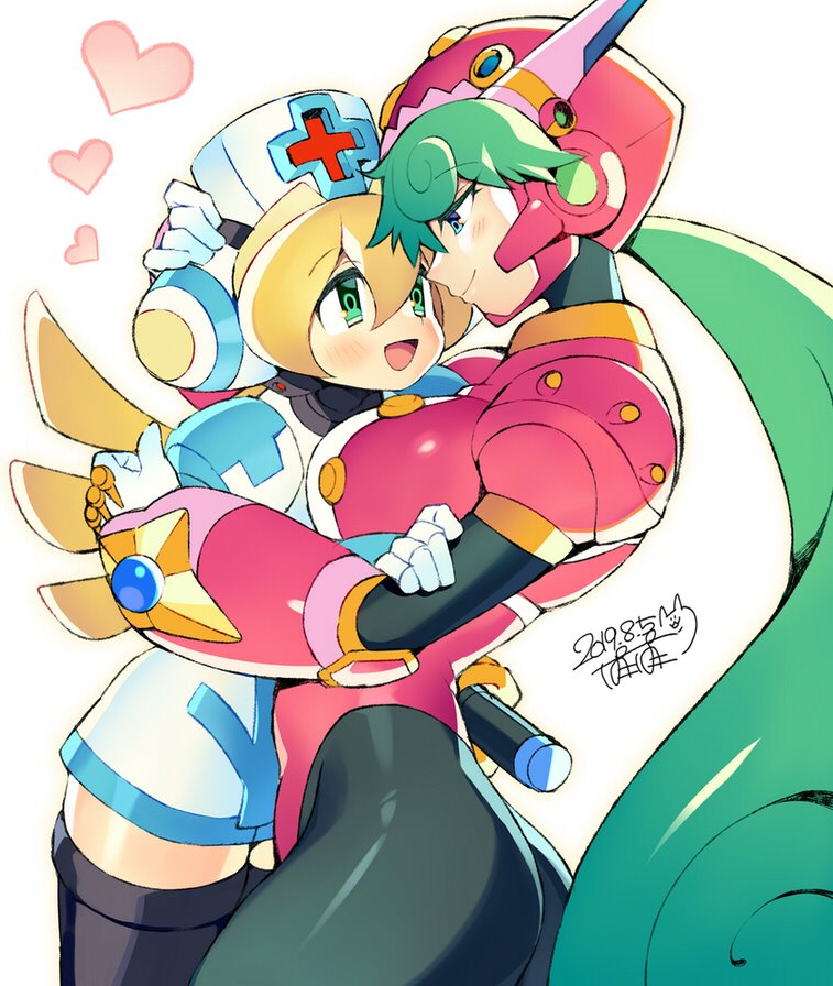 2girls, android, blonde_hair, blue_eyes, blush, breasts, capcom, cinnamon, closed_mouth, dated, eyebrows_visible_through_hair, green_eyes, green_hair, hand_on_another's_head, hat, headgear, heart, helmet, hug, iroyopon, long_hair, looking_at_another, marino, multiple_girls, nurse, nurse_cap, open_mouth, rockman, rockman_x, rockman_x_command_mission, signature, smile, white_background, yuri