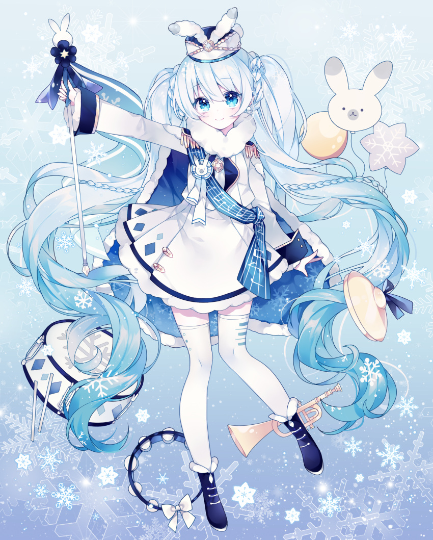 1girl, balloon, blue_background, blue_eyes, blue_flower, blue_footwear, blue_hair, blush