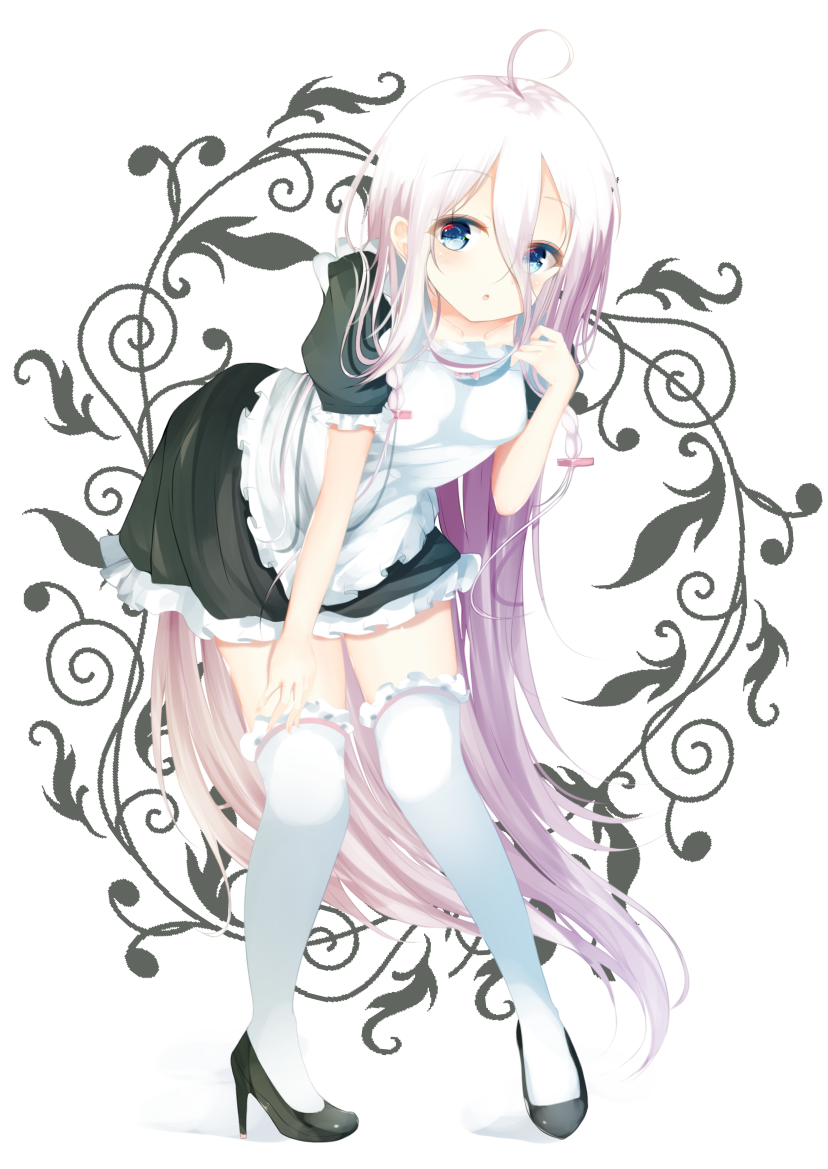 1girl, :o, alternate_costume, apron, aties20, bangs, bent_over, black_dress