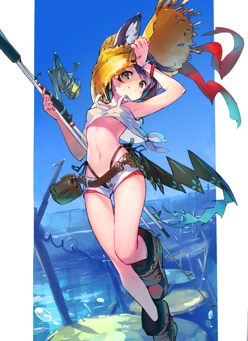 1girl, absurdres, animal_ears, aqua_hair, arm_up, armpits, bangle, bare_arms