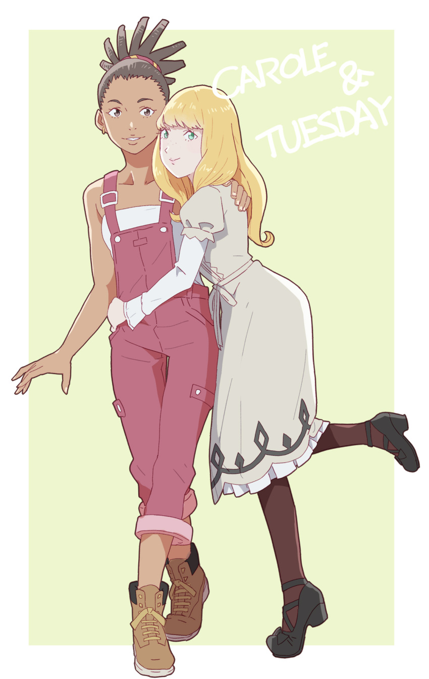 06erunium, 2girls, black_footwear, blonde_hair, blue_eyes, brown_eyes, brown_footwear, brown_legwear