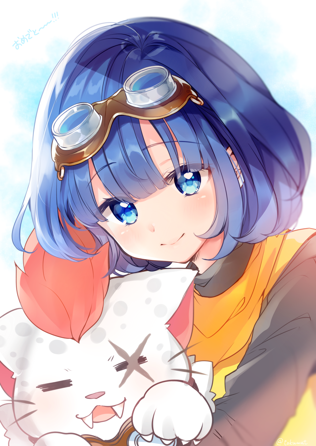 1girl, animal, animal_hug, bangs, black_shirt, blue_eyes, blue_hair, closed_eyes