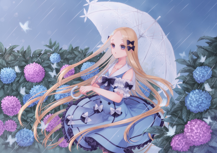 1girl, abigail_williams_(fate/grand_order), bangs, bare_shoulders, black_bow, blonde_hair, blue_dress, blue_eyes