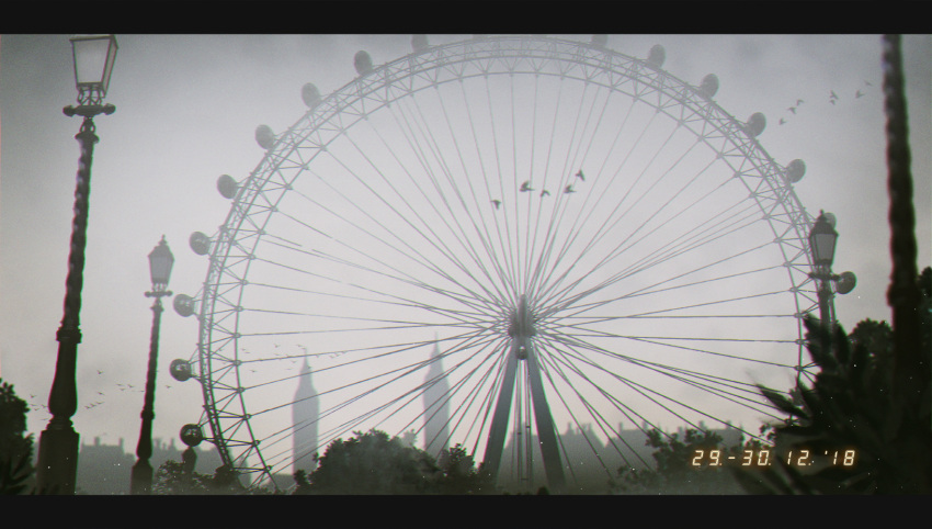 bird, building, bush, day, elizabeth_tower, ferris_wheel, highres, lamppost