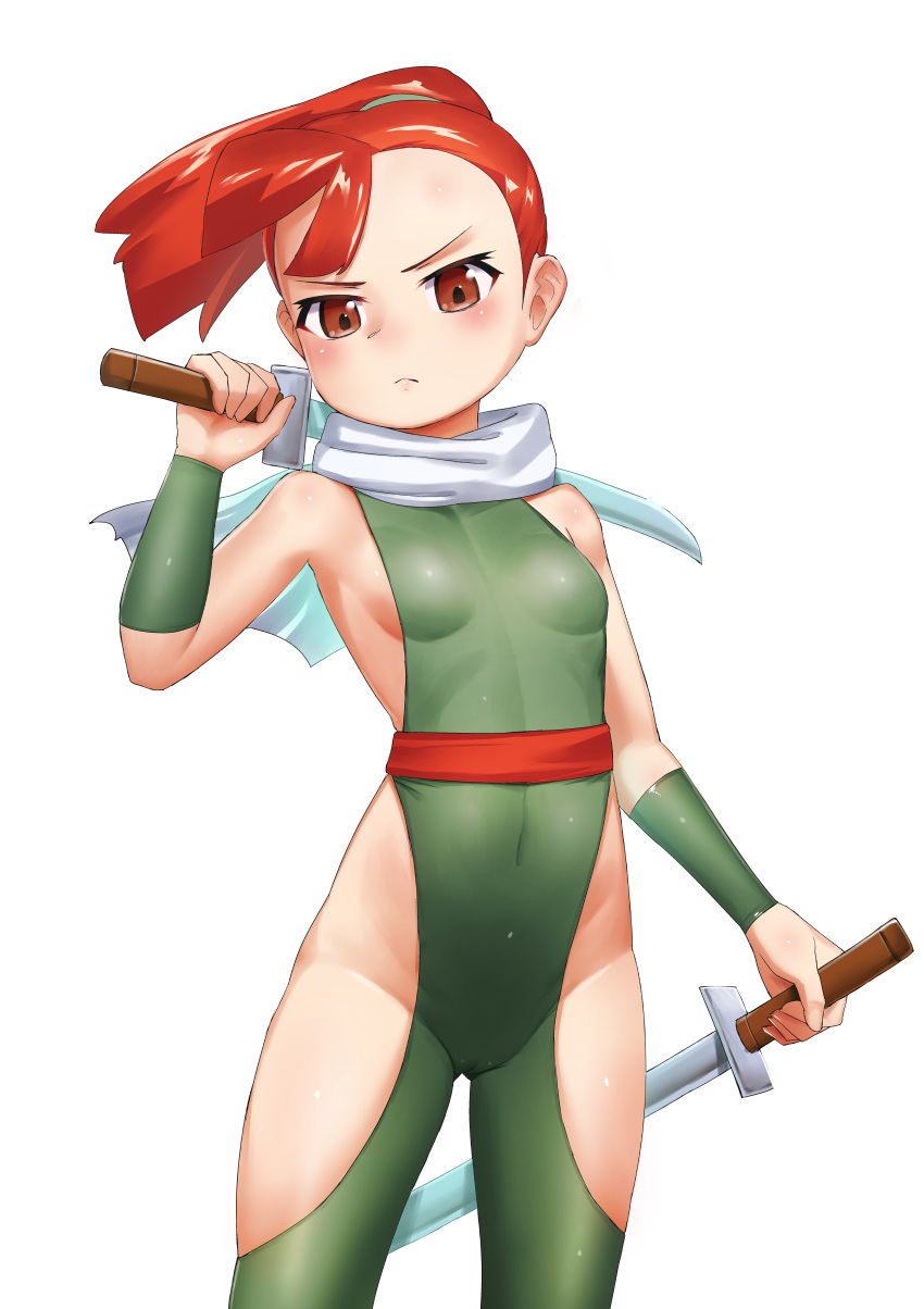 1girl, absurdres, blush, breasts, brown_eyes, carbon12th, closed_mouth, commentary, commission, highres, huge_filesize, kunoichi_(the_ninja_warriors), leotard, looking_at_viewer, medium_hair, ninja, ponytail, redhead, scarf, simple_background, small_breasts, solo, sword, the_ninja_warriors, the_ninja_warriors_once_again, weapon, white_background