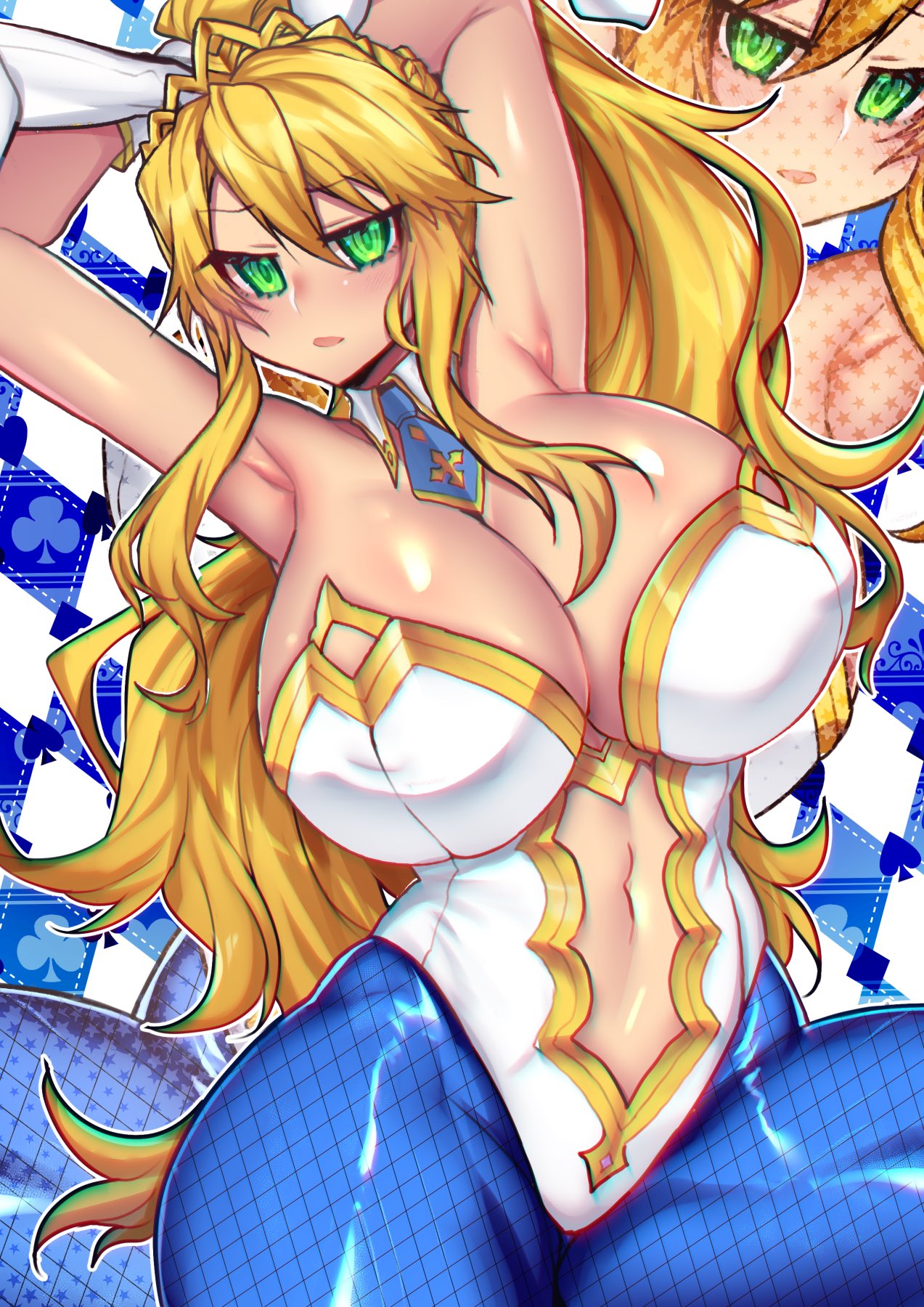 animal_ears, artoria_pendragon_(all), artoria_pendragon_(lancer), blonde_hair, blue_legwear, breasts, bunny_girl, fate/grand_order