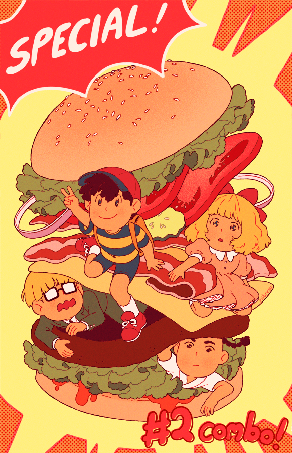 1girl, 3boys, arm_up, artist_name, backpack, bacon, bag, bangs