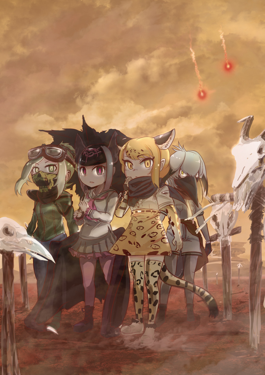 4girls, absurdres, animal_ears, arm_at_side, arms_at_sides, bandana, bandana_over_mouth, bangs