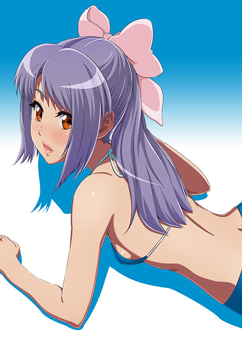 1girl, back, bikini, blue_background, brown_eyes, gakkou_no_kaidan_(anime), koigakubo_momoko, lavender_hair