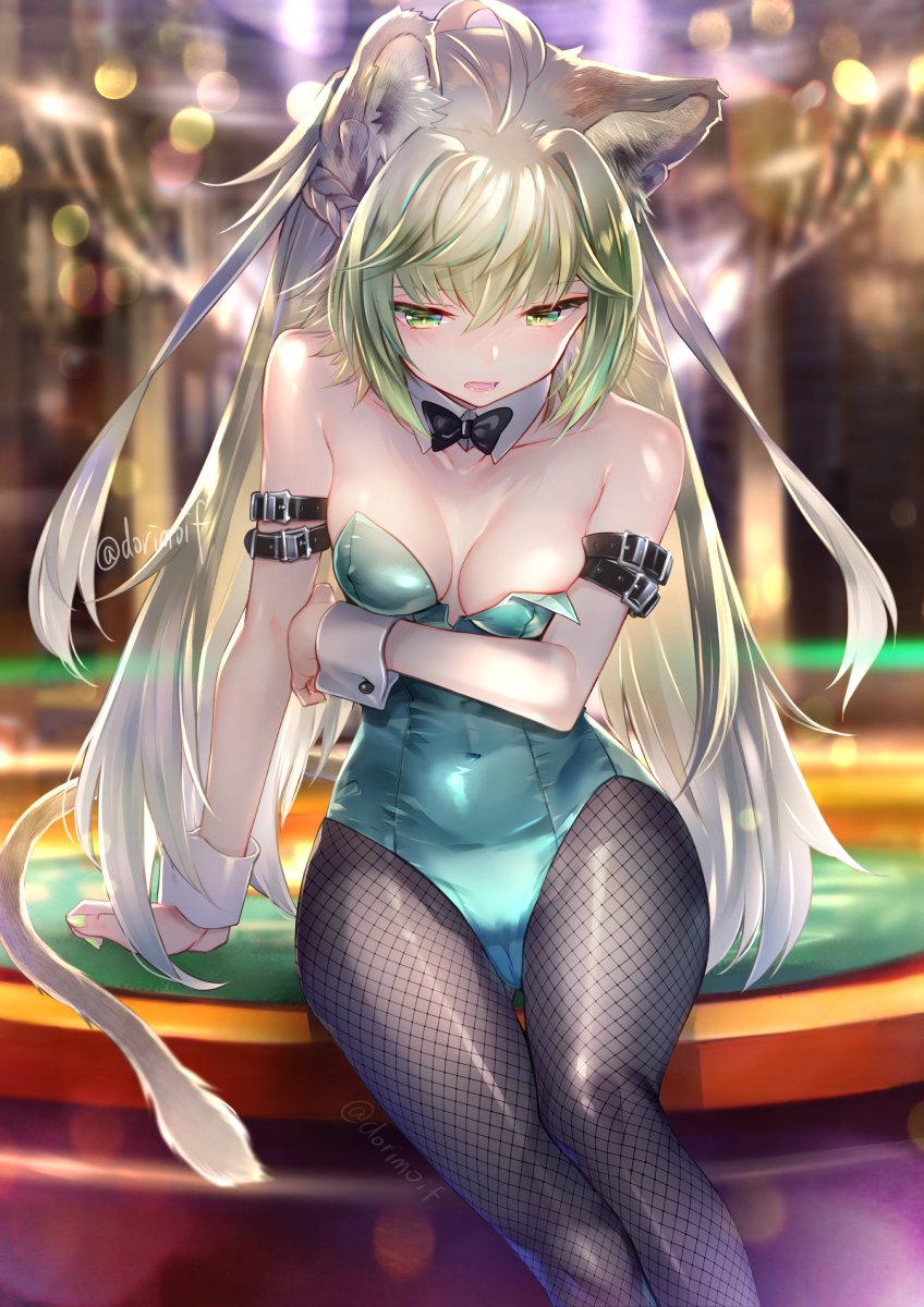 1girl, ahoge, animal_ears, aqua_leotard, arm_strap, arm_under_breasts, atalanta_(fate), bangs, bare_shoulders, black_legwear, blonde_hair, blurry, blush, bokeh, braid, breasts, bunnysuit, casino, cat_ears, cat_tail, collarbone, covered_navel, depth_of_field, embarrassed, eyebrows_visible_through_hair, fate/apocrypha, fate_(series), gradient_hair, green_eyes, green_hair, grey_legwear, hair_between_eyes, highres, indoors, long_hair, looking_at_viewer, miyuki_ruria, multicolored_hair, multiple_girls, open_mouth, sitting, skindentation, solo, tail, two-tone_hair, very_long_hair, wrist_cuffs