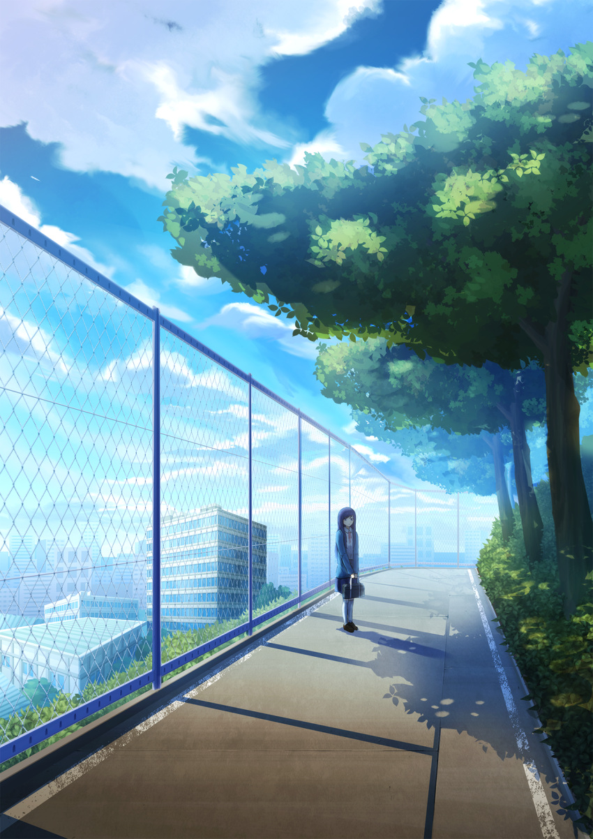 1girl, bag, bakemono, black_hair, blue_cardigan, brown_footwear, building, cardigan, chain-link_fence, closed_mouth, clouds, collared_shirt, commentary, day, expressionless, fence, highres, joshi_kousei_no_mudazukai, kadokawa_shoten, kneehighs, kuudere, loafers, long_hair, looking_at_viewer, neck_ribbon, open_cardigan, open_clothes, outdoors, passione_(studio), path, red_ribbon, ribbon, road, saginomiya_shiori, scenery, school_bag, school_uniform, shirt, shoes, silhouette, sky, solo, standing, tree, white_legwear, white_shirt, wing_collar